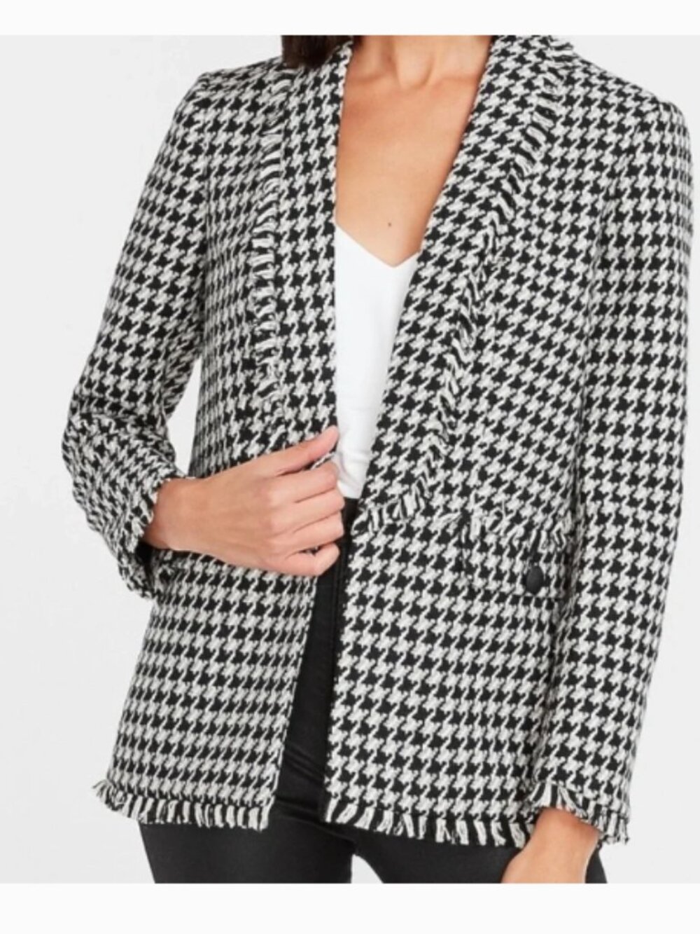 NWT Express Women's Houndstooth Blazer featuring a fringe-trimmed sz Small